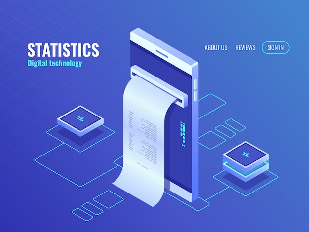 Mobile phone with payroll isometric icon, data on screen of smartphone