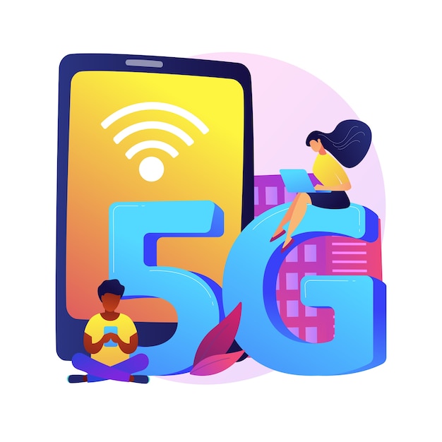 Mobile phones 5G network abstract concept  illustration. Mobile phone communication, modern smartphone, 5G technology, fast internet connection, network coverage provider .