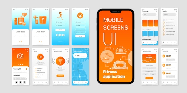 Mobile screens set with user interface of fitness application with username and password fields and training results isolated flat 