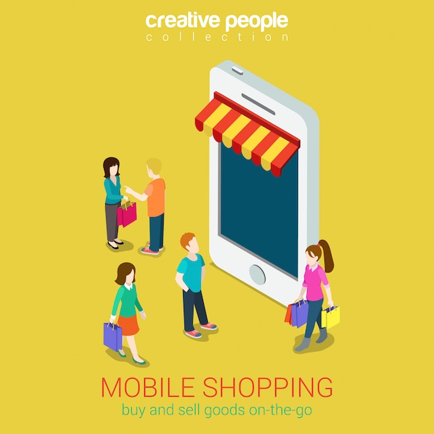 Mobile shopping e-commerce online store isometric concept   illustration. People walk near smartphone shop.