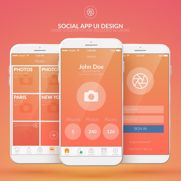 Mobile social application design concept with different web elements illustration