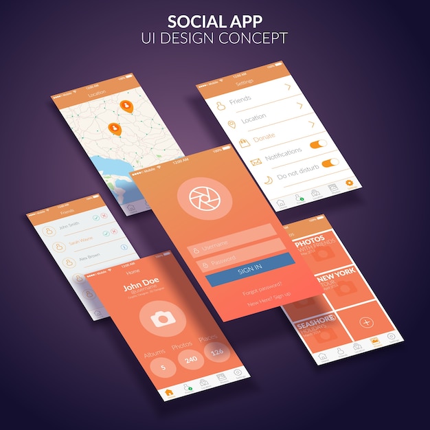 Mobile social application ui design concept flat