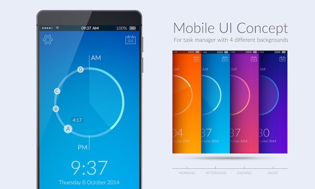 Mobile ui kit concept for task manager with four different colorfuls flat illustration