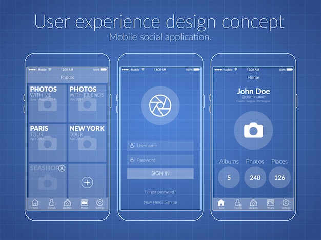 Mobile UX design concept with screens icons and web elements for social application illustration