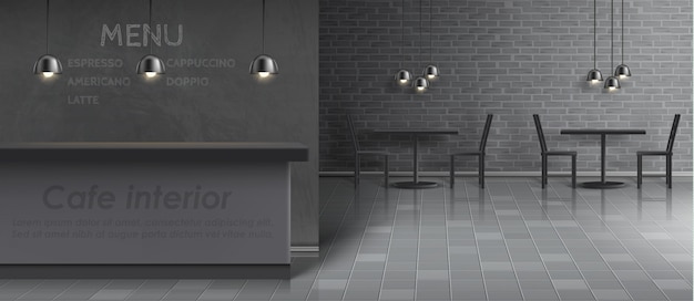 mockup of cafe interior with empty bar counter, dinner tables and chairs, ceiling lamps