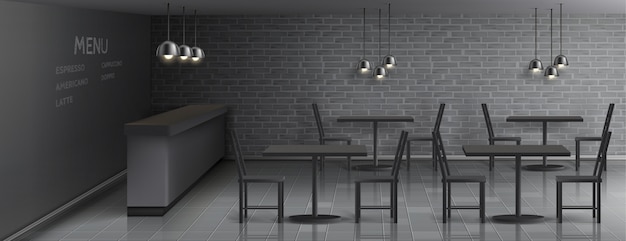 Free Vector mockup of cafe interior with empty bar counter, dinner tables and chairs, ceiling lamps