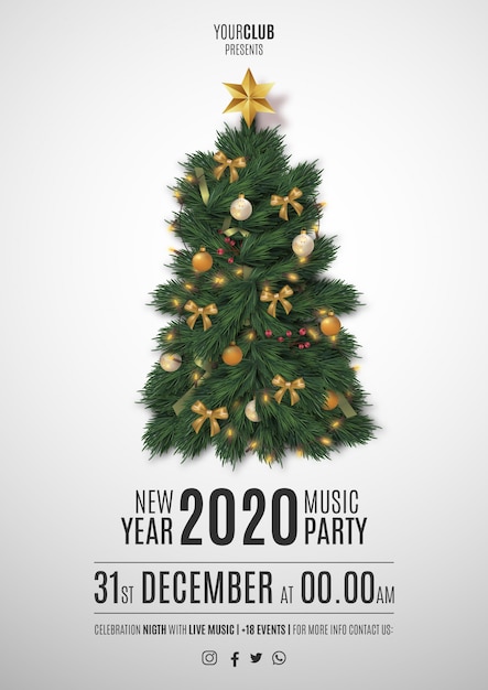 Moden Merry Christmas Party Flyer with Realistic Christmas tree