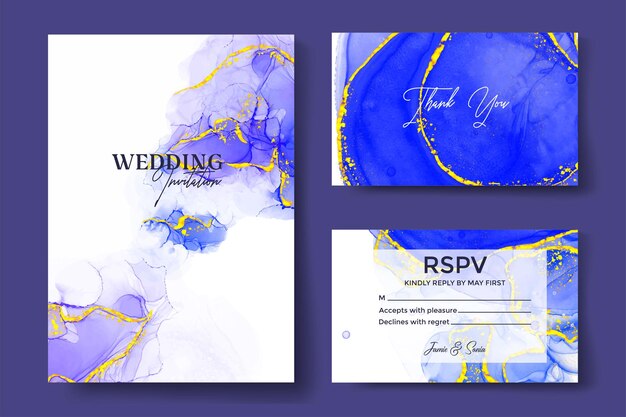 Modern abstract luxury wedding invitation design or card templates for birthday greeting or certificate or cover with watercolor waves or fluid art in alcohol ink style with golden glitter