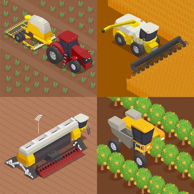 Free Vector modern agricultural machinery set of four square isometric compositions with outdoor views of working automated vehicles vector illustration