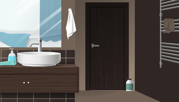 Free Vector modern bathroom interior in realistic style and brown tones with washbasin big mirror and tower rail vector illustration