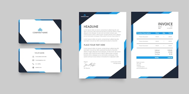 Free vector modern business company stationery pack with letterhead and invoice with abstract blue shapes