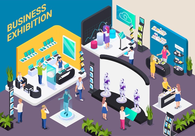 Modern business innovative technology exhibition hall isometric composition with electronic devices robots promotion stands visitors