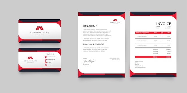 Free vector modern business stationery pack with red shapes