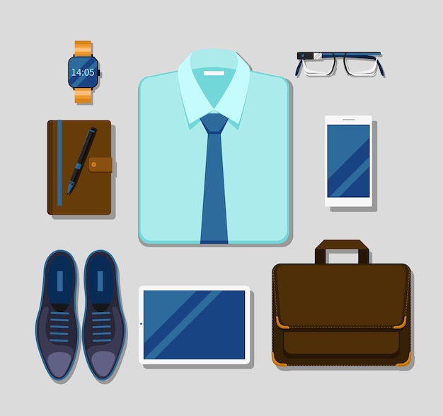 Free Vector modern businessman gadgets and accessories outfit. tablet and business, glasses and stylish pen