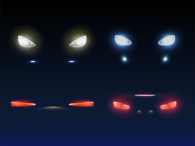 Free Vector modern car front, back headlights glowing red, white and blue in darkness 