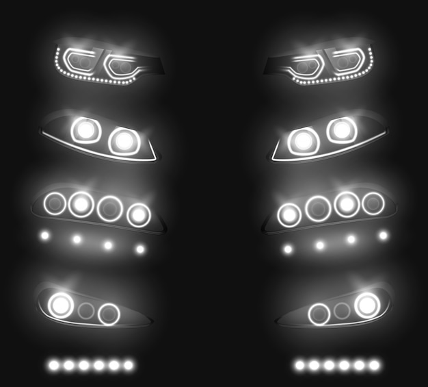 Free Vector modern car front, back headlights realistic vector set. switched and glowing white in darkness, vehicle led, xenon or laser running lights illustration isolated on black. auto industry equipment