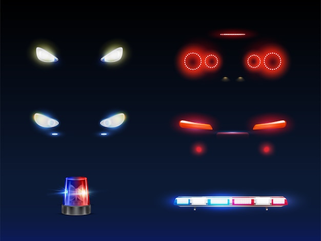 Free Vector modern car front, back headlights, rotating and flashing police or ambulance car beacon and light bar glowing white, red and blue 3d realistic vector set. passenger, emergency vehicle exterior element