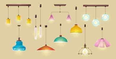 Free vector modern ceiling lamps, stylish pendant electric lights for home or office interior. vector cartoon set of hanging illumination accessory, chandeliers with lampshades isolated on background