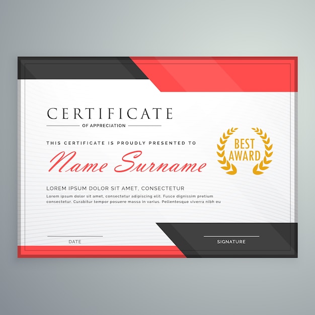 Modern certificate design with geometric red and black shapes