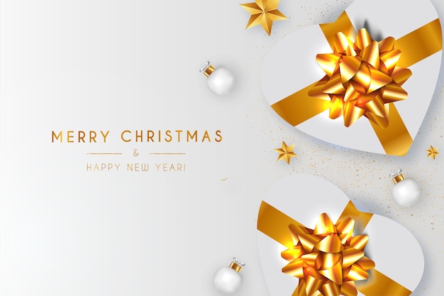 Modern Christmas Background with Realistic Gift and White Christmas Balls