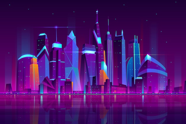 Free Vector modern city cartoon vector night landscape. urban cityscape background with skyscrapers buildings on sea shore illuminated with neon light illustration. metropolis central business district