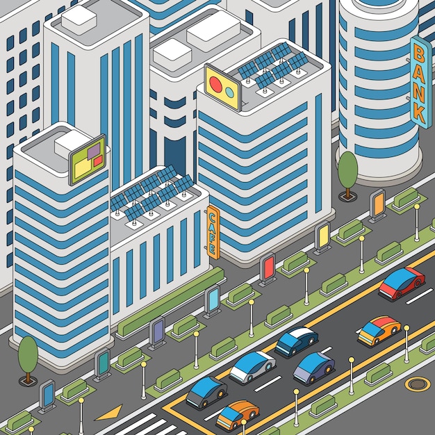 Free Vector modern city view with moving cars and tall buildings illustration