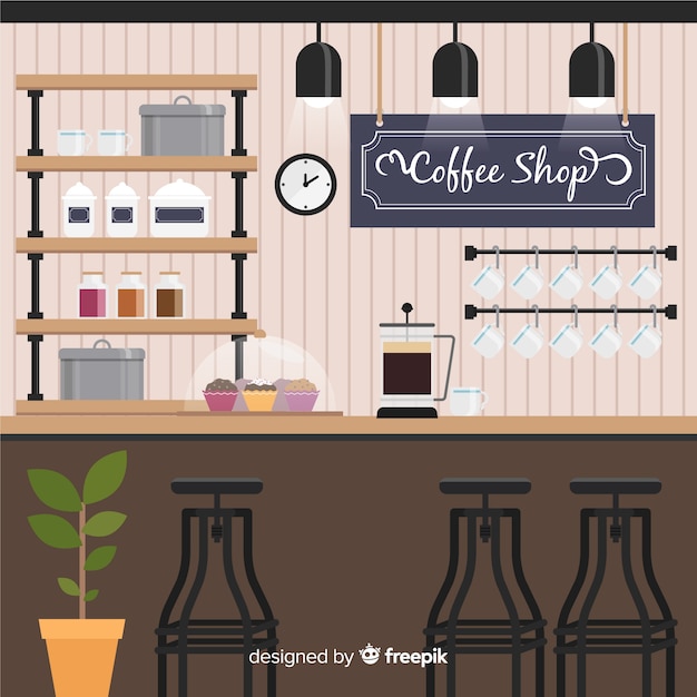 Free vector modern coffee shop interior with flat design