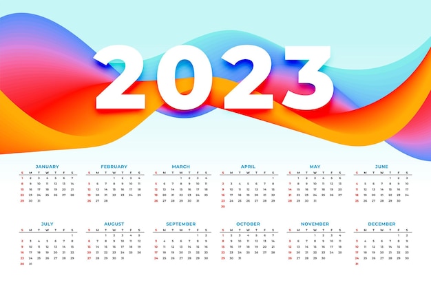 Modern colorful 2023 calendar design in wave style