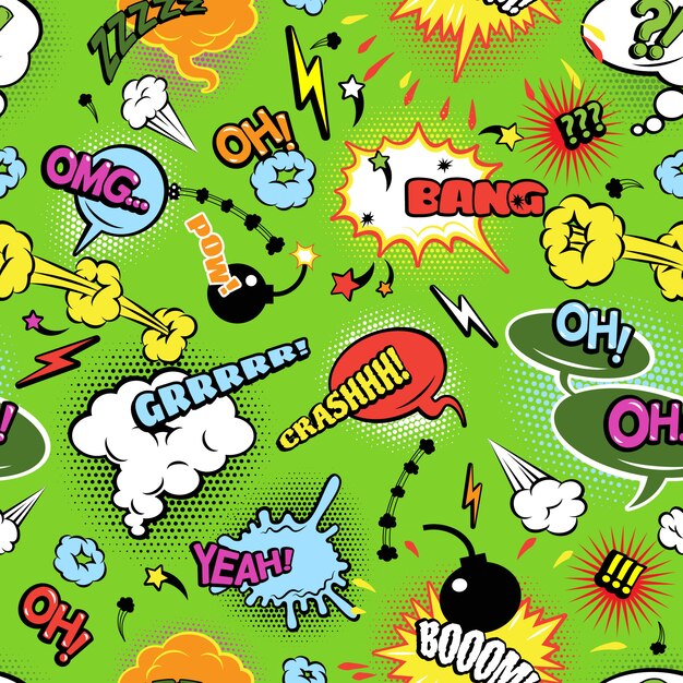 Modern comics background pattern with bombs lightening and jagged clouds speech bubbles