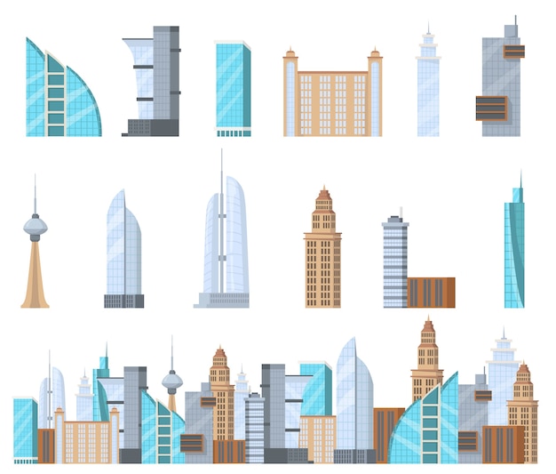 Free Vector modern commercial skyscrapers flat set for web design. cartoon high-rise complex of city isolated vector illustration collection. building facade and business architecture concept