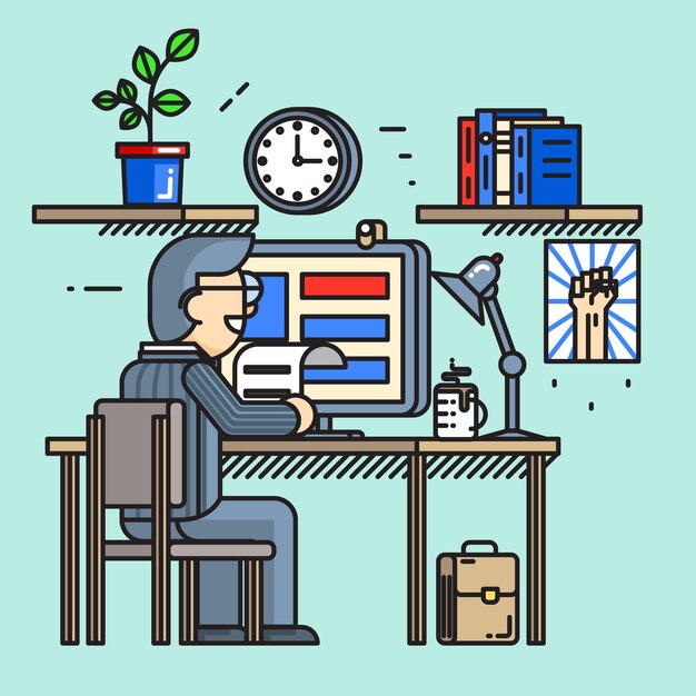 Modern creative office desk worker in line flat style. Office workplace, routine process, businessman busy. 