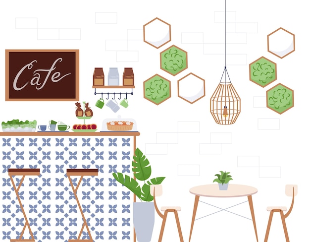 Free vector modern eco cafe flat composition with loft interior elements wooden stools home plants and bar counter vector illustration