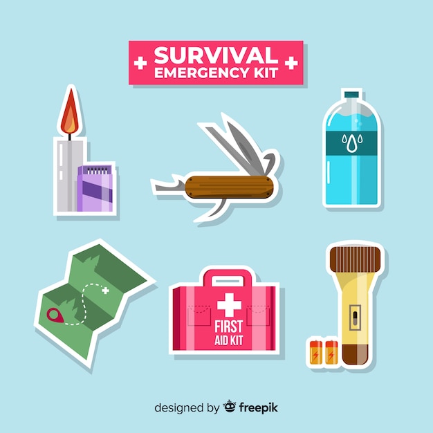 Modern emergency survival kit in flat design