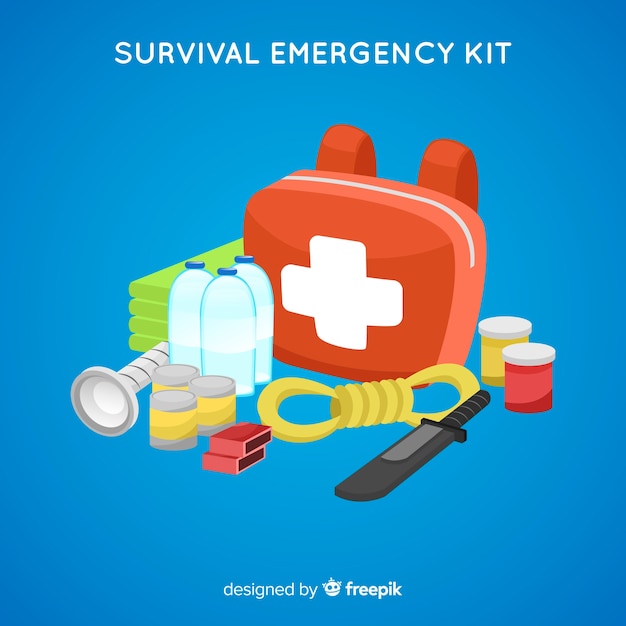 Modern emergency survival kit in flat style