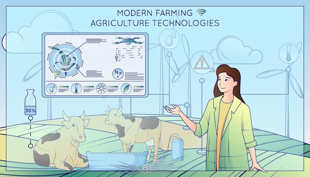 Free Vector modern farming agriculture technologies flat line composition with cows milking apparatus female character text and icons vector illustration