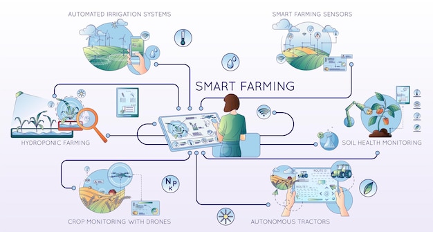 Free Vector modern farming agriculture technologies flat line composition with flowchart of icons text captions people and electronics vector illustration