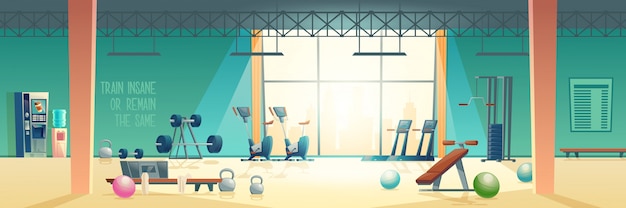 Modern fitness club gym cartoon vector interior