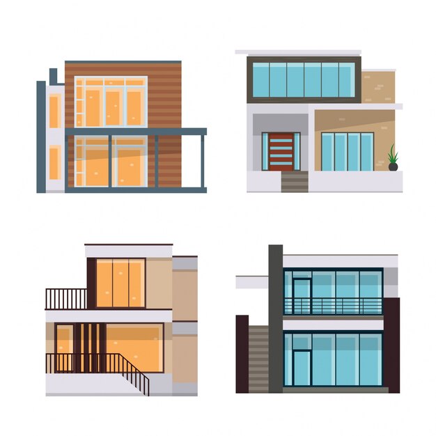 Modern Flat Residential House Illustration Set