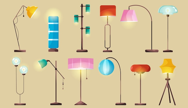 Free Vector modern floor lamps, stylish electric lights for home or office interior. vector cartoon set of illumination accessory with lampshades for living room or bedroom decor isolated on background