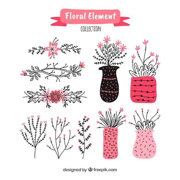 Modern floral elements with hand drawn style