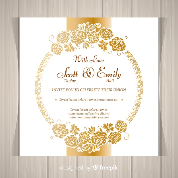 Modern floral wedding invitation template with golden frame