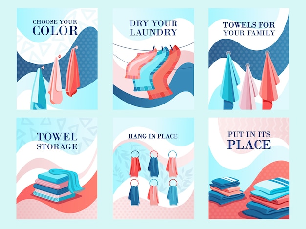 Free vector modern flyers design for towels store. hotel, laundry or shop advertisement with text. textile and fabric concept. template for promotional leaflet or brochure