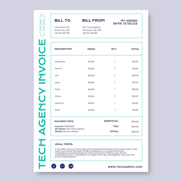 Modern futuristic tech travel agency invoice