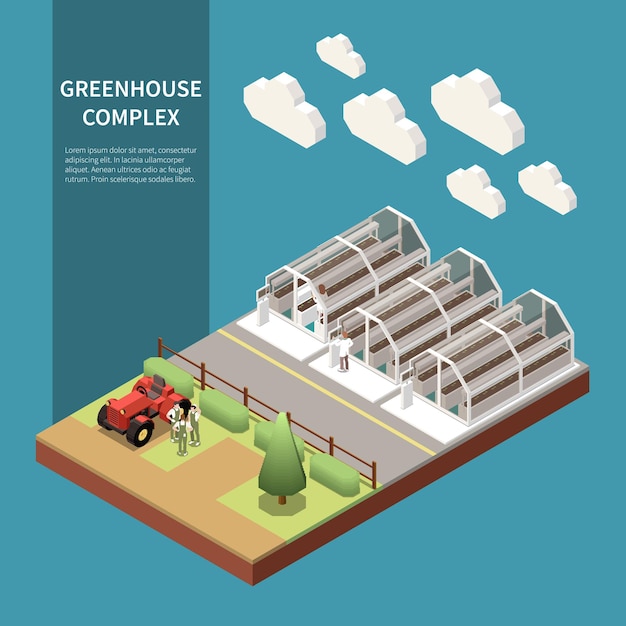 Free vector modern greenhouse complex isometric concept with new technology symbols isolated