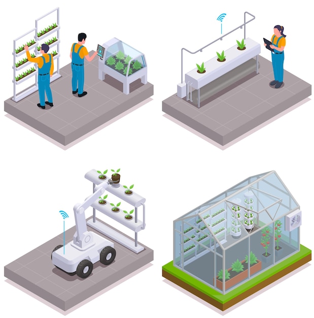 Free Vector modern greenhouse isometric icon set smart sprinklers for seedlings robot for working with plants and greenhouse with climate control illustration