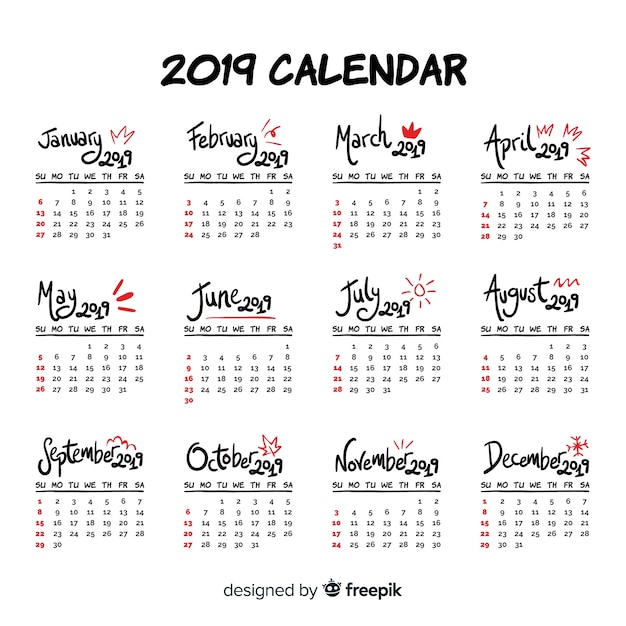 Modern hand drawn 2019 calendar template