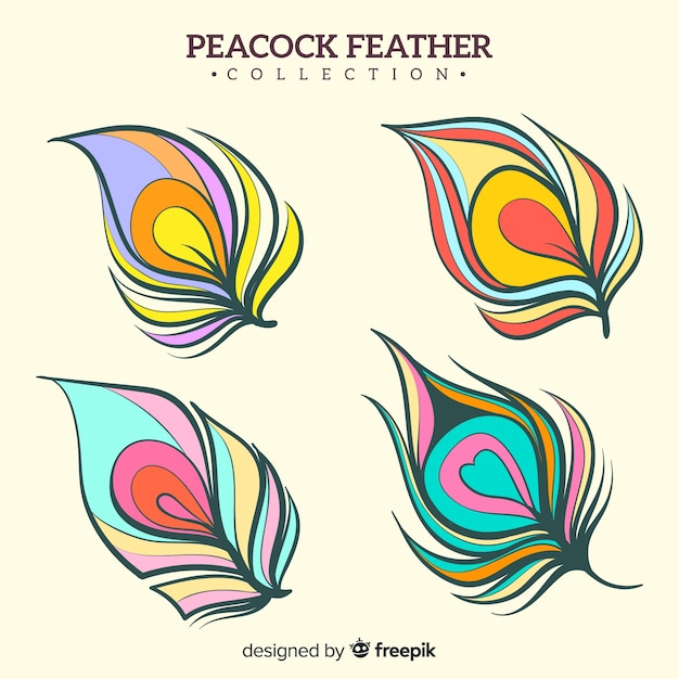 Modern hand drawn peacock feather collection