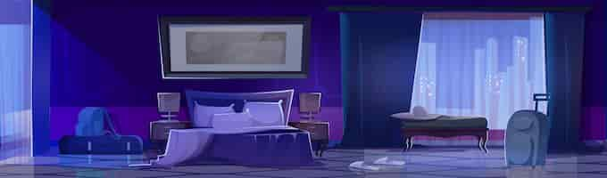 Free vector modern hotel bedroom interior at night cartoon