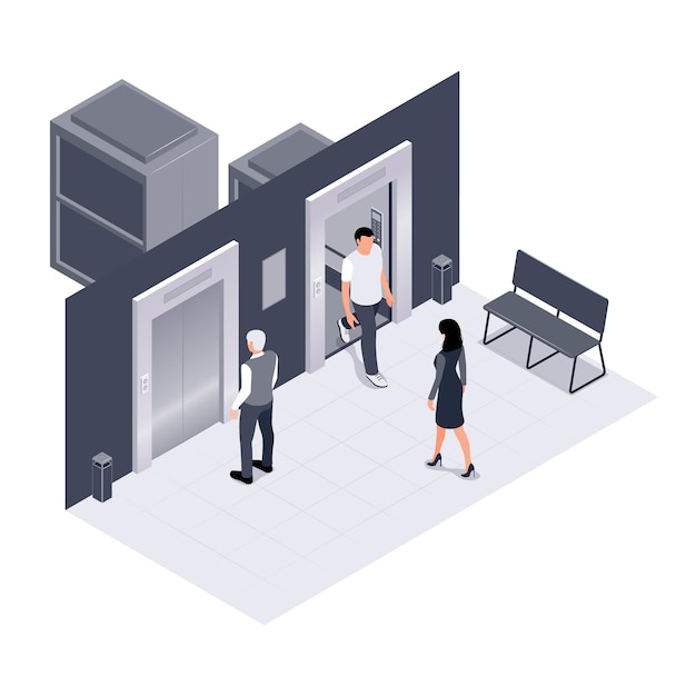 Free Vector modern interior of office space with two passenger elevators isometric composition vector illustration