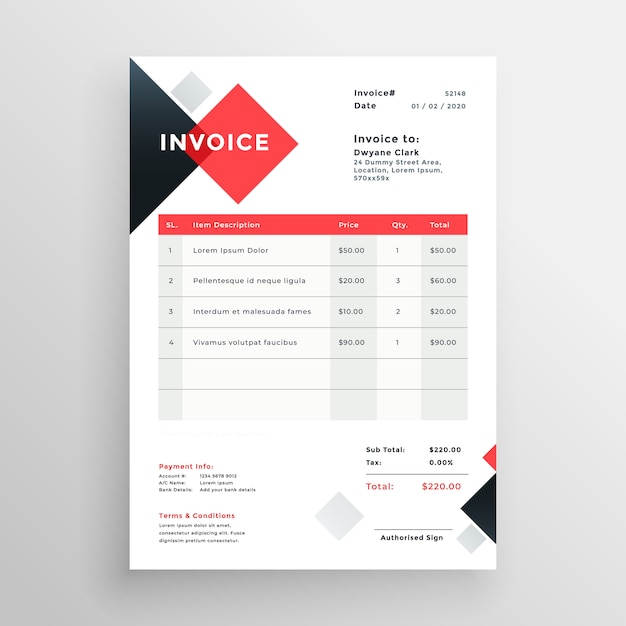 Free vector modern invoice template design in red theme